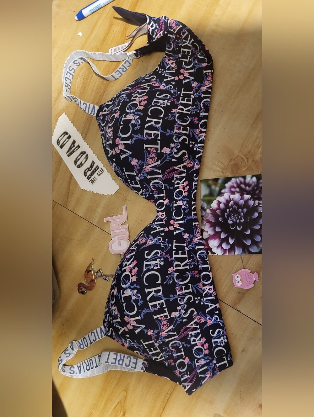 Victoria's Secret Navy One-Piece with Pink, Purple and White Logo Floral Print